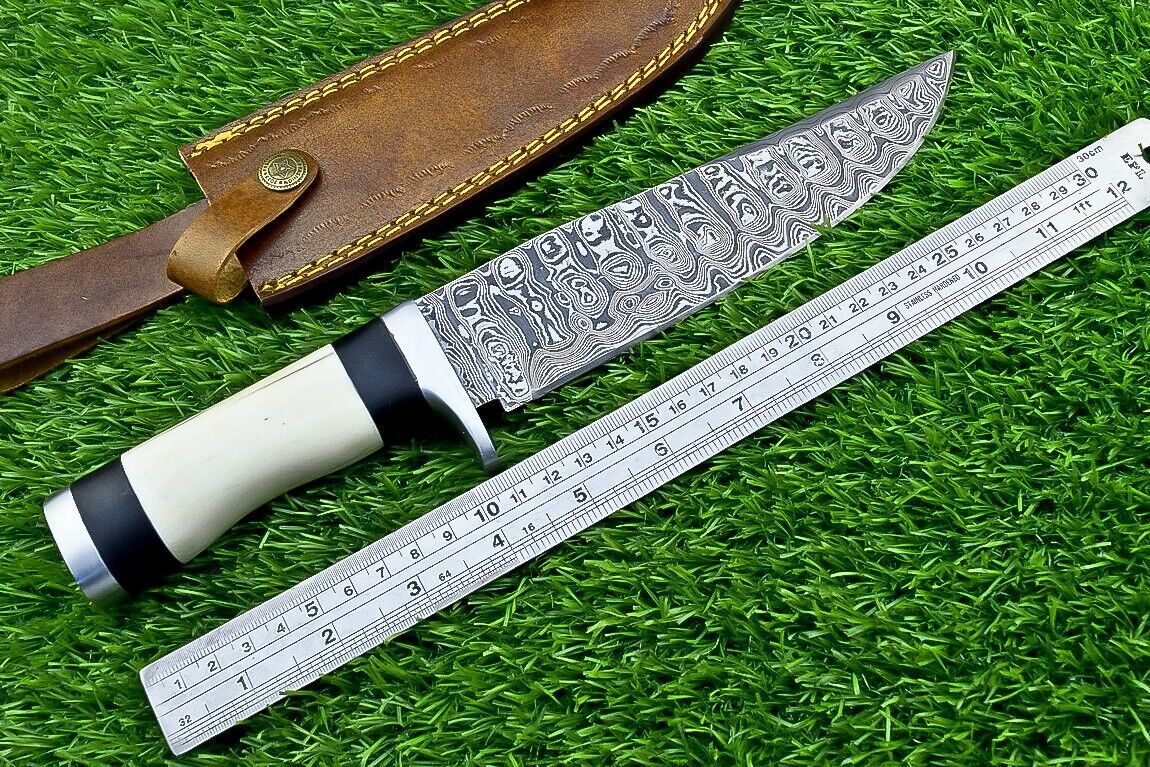 Custom Forged Damascus Steel Handmade Bowie Knife With Camel Bone Handle