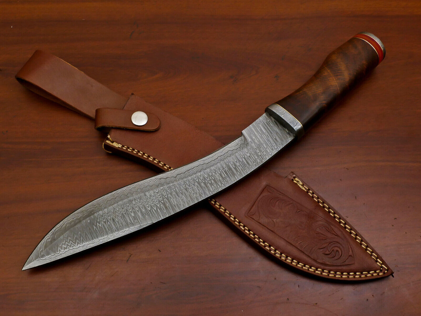 Heritage Forge 15" Damascus Steel Bowie Knife with Rose Wood Handle and Custom Leather Sheath