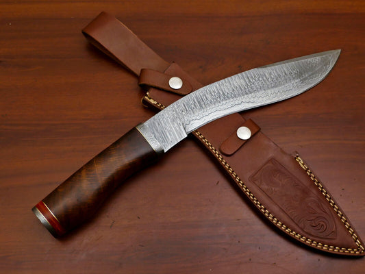 Heritage Forge 15" Damascus Steel Bowie Knife with Rose Wood Handle and Custom Leather Sheath