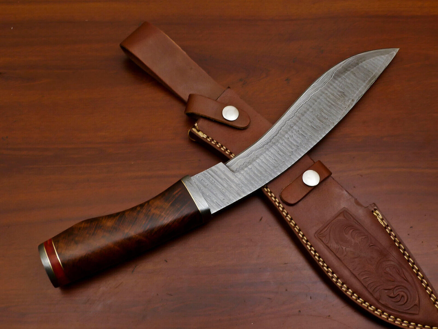 Heritage Forge 15" Damascus Steel Bowie Knife with Rose Wood Handle and Custom Leather Sheath