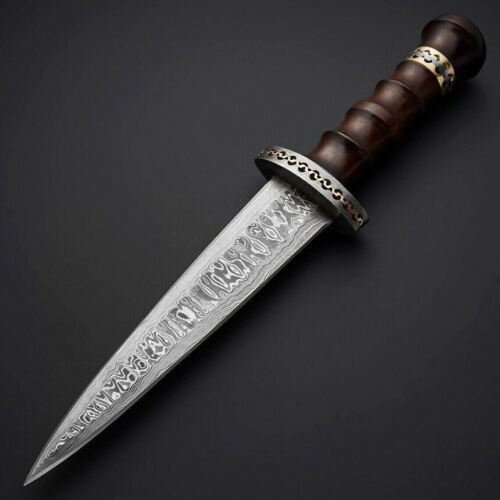 15" Damascus Steel Dagger Bowie – Hand-Forged Hunting Knife with Leather Sheath