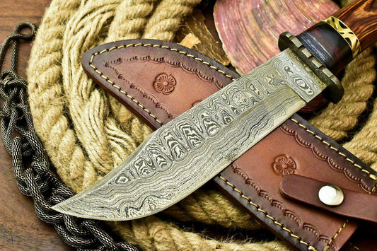 Custom Handmade Damascus Steel Bowie Hunting Knife | Hard Wood Handle, 12.5" Overall
