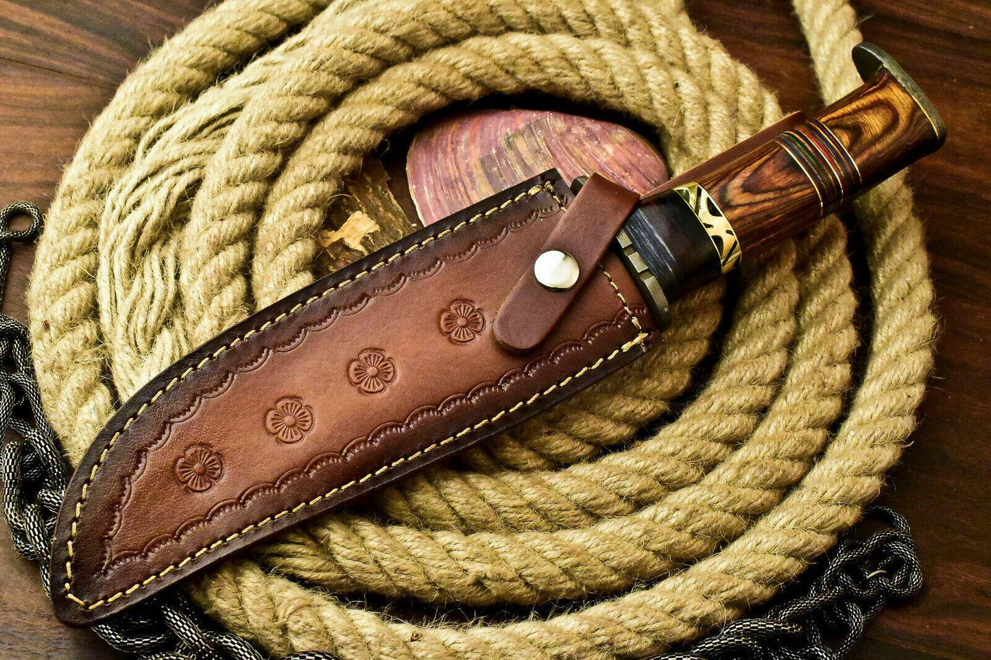 Custom Handmade Damascus Steel Bowie Hunting Knife | Hard Wood Handle, 12.5" Overall