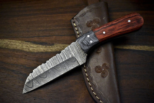 7.5" Twist Damascus Skinner Knife with Hardwood Handle for Hunting & Survival
