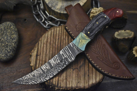 Handmade Twist Damascus Skinner Knife Hardwood Handle for Hunting