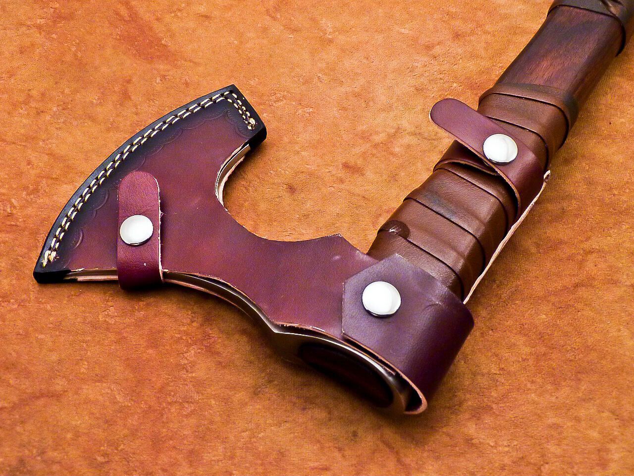 Hand Forged Viking Bearded Axe Carbon Steel Hatchet with Natural Wood Handle and Leather Sheath