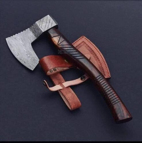 Viking Axe Damascus Steel with Rosewood Handle and Leather Sheath – Handmade 18 Inch Tomahawk