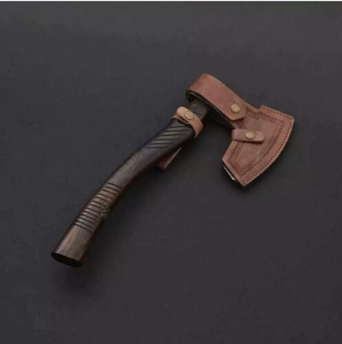 Viking Axe Damascus Steel with Rosewood Handle and Leather Sheath – Handmade 18 Inch Tomahawk