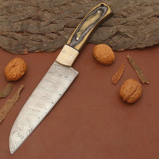 Premium Handmade Damascus Steel Kitchen Chef Knife – Full Tang Wood Handle with Leather Sheath