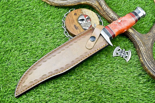 14" Premium Handmade Damascus Bowie Knife – Camel Bone & Resin Handle with Leather Sheath