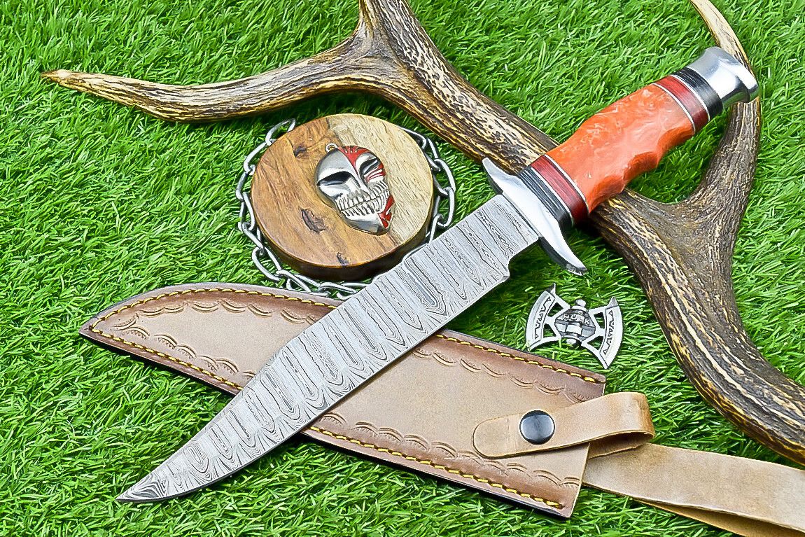 14" Premium Handmade Damascus Bowie Knife – Camel Bone & Resin Handle with Leather Sheath