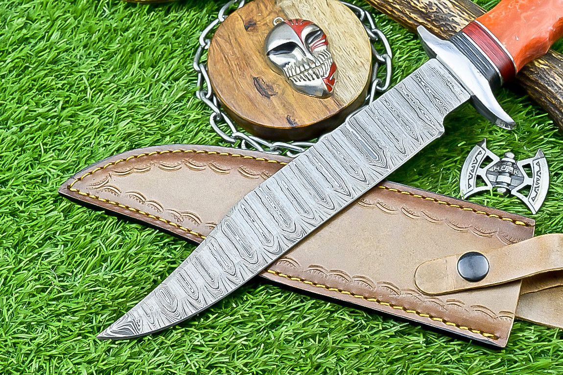 14" Premium Handmade Damascus Bowie Knife – Camel Bone & Resin Handle with Leather Sheath