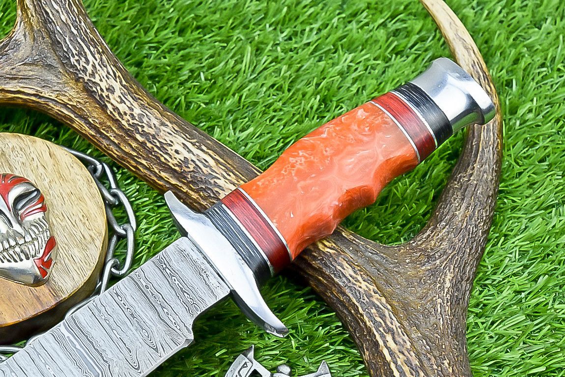 14" Premium Handmade Damascus Bowie Knife – Camel Bone & Resin Handle with Leather Sheath