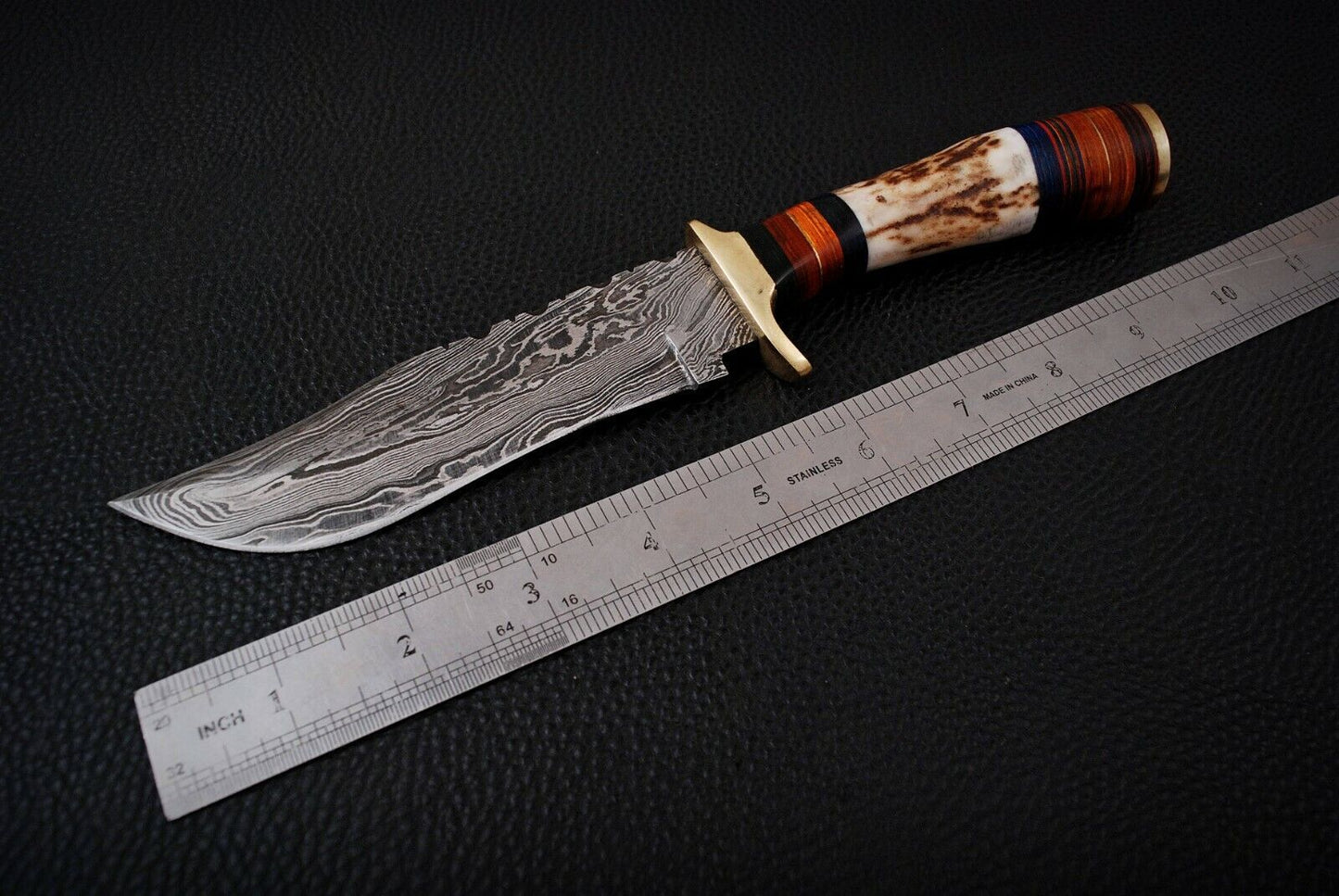 Heritage Forge 10 Inch Custom Damascus Hunting Knife with Stag Antler Handle