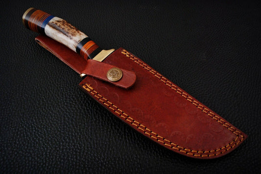 Heritage Forge 10 Inch Custom Damascus Hunting Knife with Stag Antler Handle