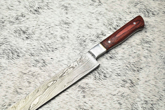 Fine Custom Handmade Damascus Steel Blade Chef Knife – 14" Overall, 9" Blade, Full Tang Sport Knife with Leather Sheath