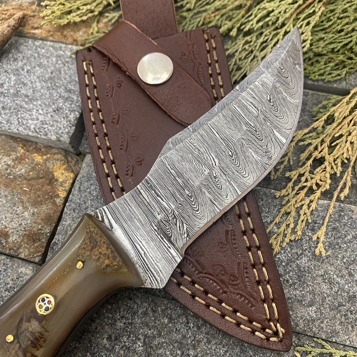 8 inch Damascus skinner knife with ram horn and rosewood handle