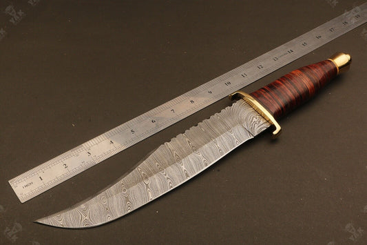 Hand Forged Damascus Bowie Knife with Wood Handle by Heritage Forge