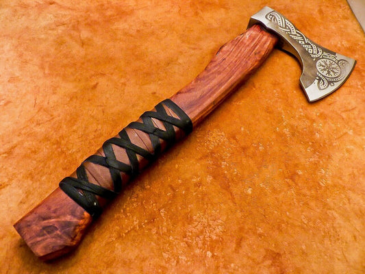 18" Hand Forged Carbon Steel Viking Bearded Camping Hatchet Tomahawk Axe with Wooden Handle and Leather Sheath
