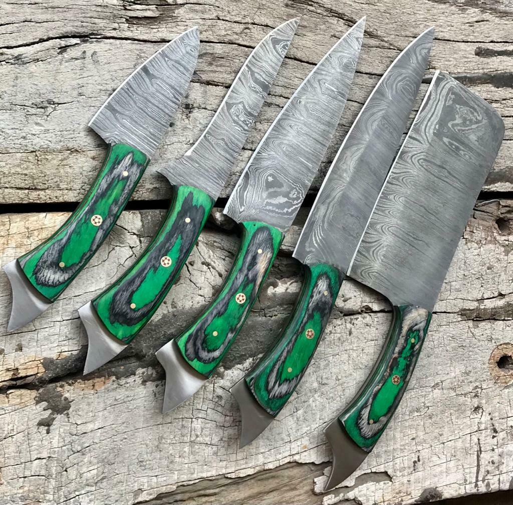 Heritage Forge Custom Handmade Twist Damascus Steel Chef Knife Set