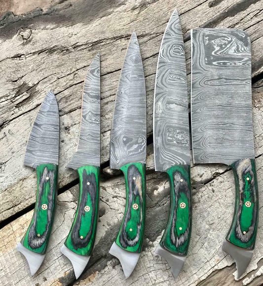 Heritage Forge Custom Handmade Twist Damascus Steel Chef Knife Set