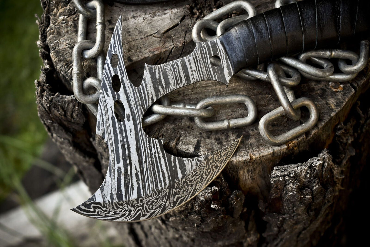 Clever Chopper Axe Knife Twist Damascus Steel with Leather Wrapped Wootz Handle and Sheath