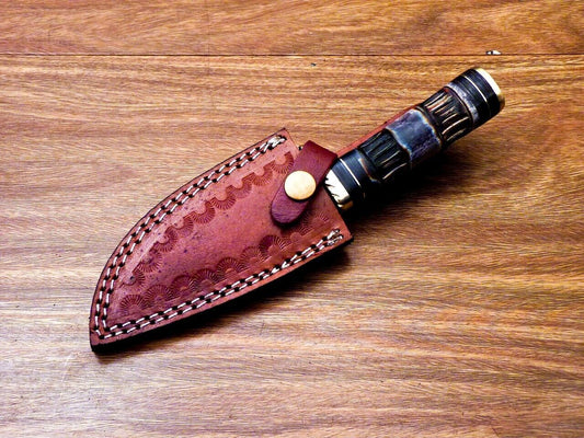 8" Custom Handmade Damascus Steel Bowie Knife – Engraved Camel Bone & Wood Handle