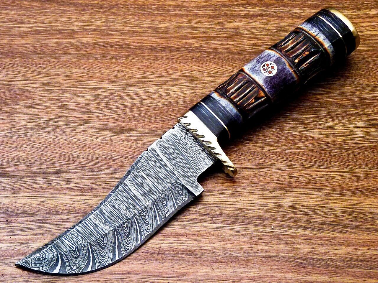 8" Custom Handmade Damascus Steel Bowie Knife – Engraved Camel Bone & Wood Handle