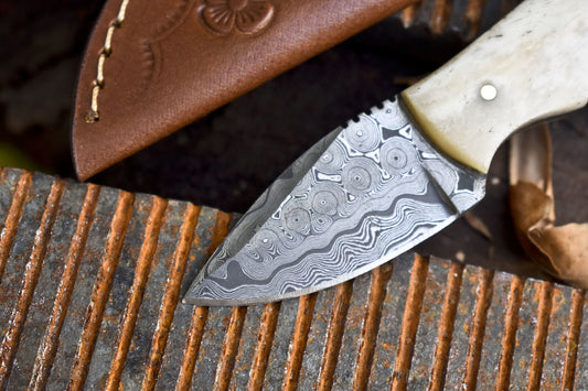 Miniature Rain Drop Damascus Skinner Knife with Bone Handle – Hand Forged Collectible