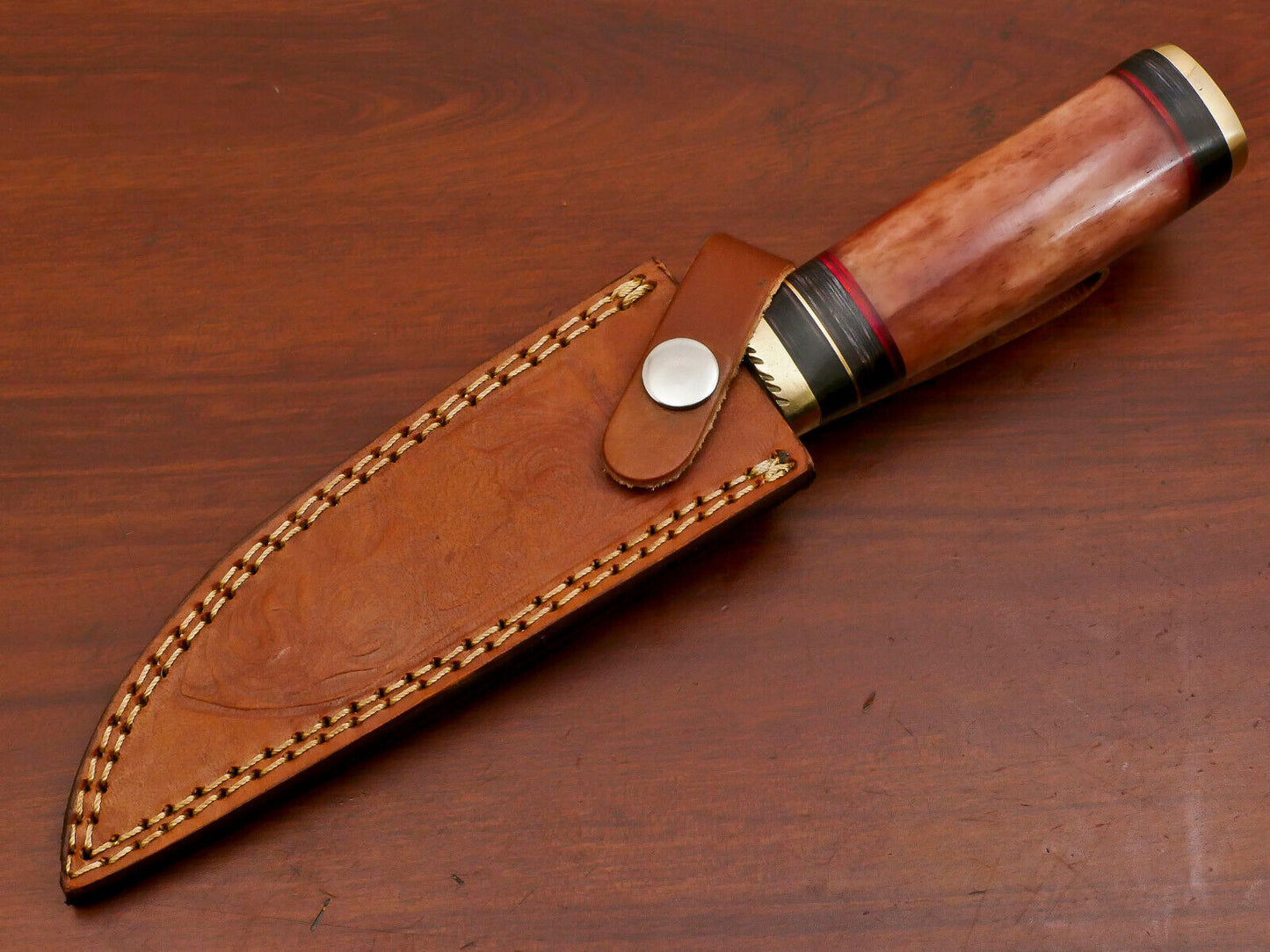 10 Inch Custom Damascus Steel Hunting Knife with Camel Bone and Pakka Wood Handle Brass Guard