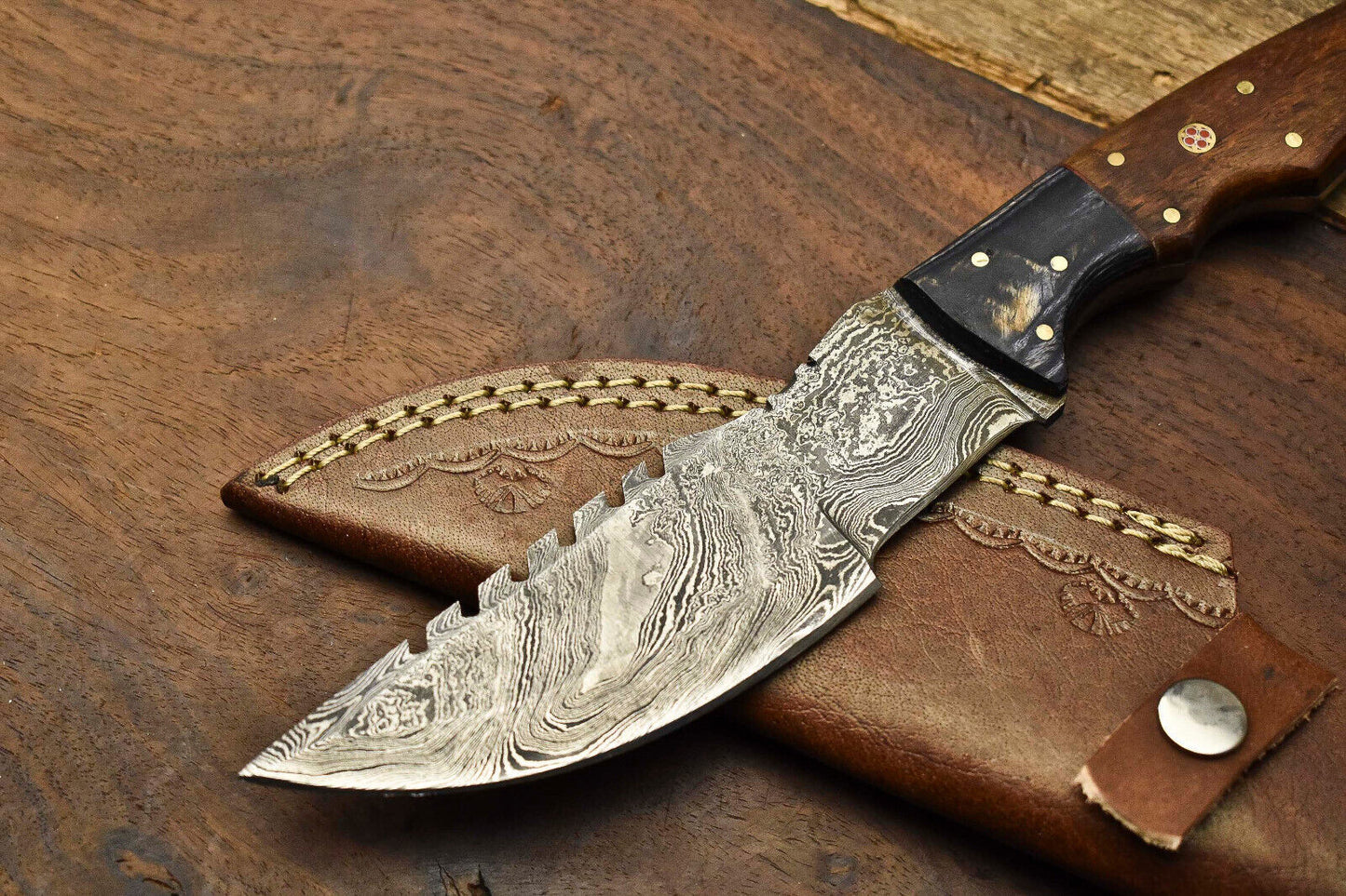 10.0" Handmade Damascus Steel Tracker Knife – Full Tang Hardwood Handle with Leather Sheath | Camping, Hunting & Survival Knife