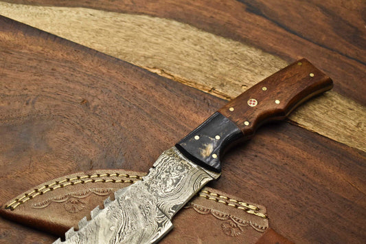10.0" Handmade Damascus Steel Tracker Knife – Full Tang Hardwood Handle with Leather Sheath | Camping, Hunting & Survival Knife