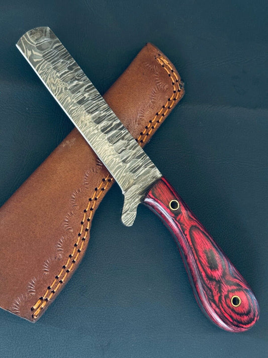 12" Cowboy Bull Cutter Knife Fire Storm Damascus Steel Bull Cutter Knife With Pakkawood Handle