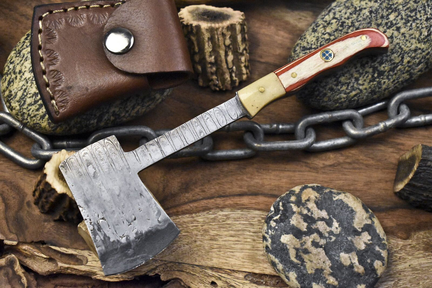 Forged Clever Chopper Axe Knife Ladder Damascus Hard Wood Hunter with Leather Sheath