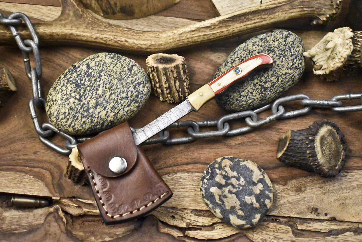 Forged Clever Chopper Axe Knife Ladder Damascus Hard Wood Hunter with Leather Sheath