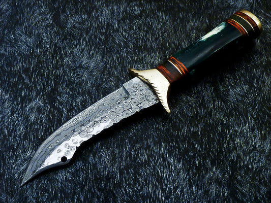 11" Handmade Damascus Steel Bowie Knife – Stained Bone & Hardwood Handle with Leather Sheath