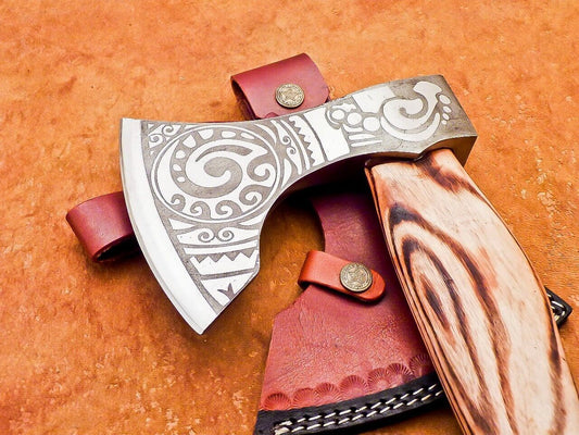 Hand Forged Steel Viking Bearded Camping Hatchet Tomahawk Axe with Natural Wood Handle and Leather Sheath