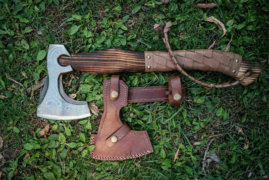 Handmade Carbon Steel Viking Bearded Axe with Ash Wood Handle and Leather Sheath – Custom Engraved Gift