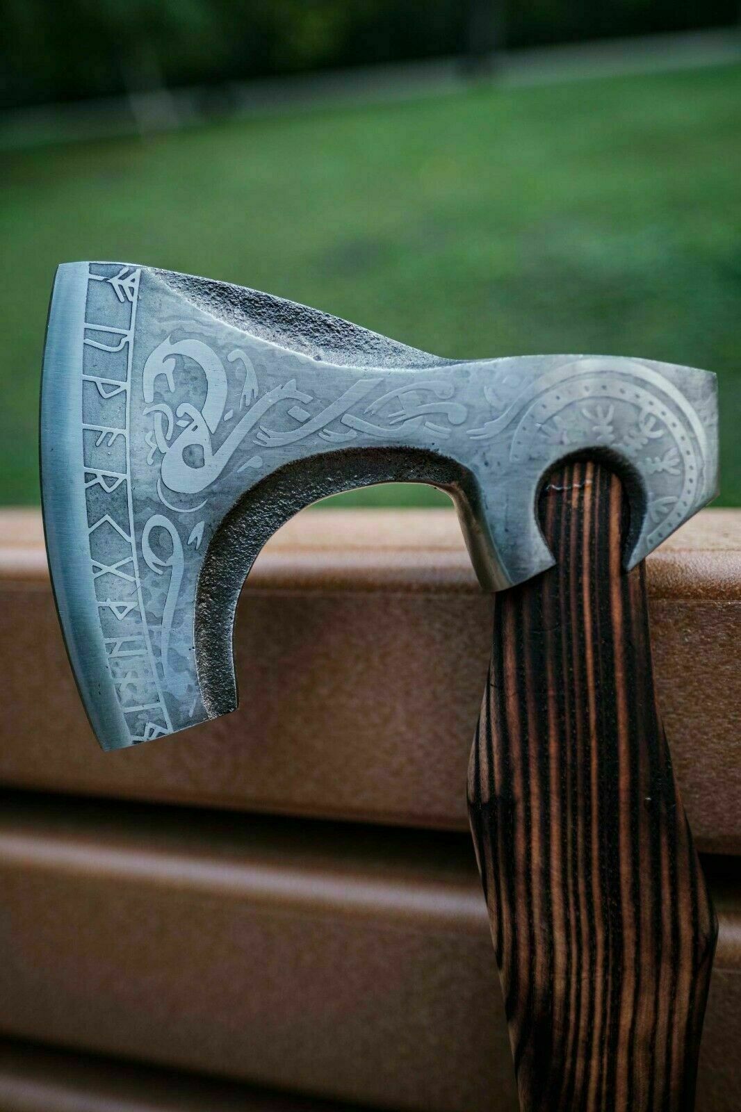 Handmade Carbon Steel Viking Bearded Axe with Ash Wood Handle and Leather Sheath – Custom Engraved Gift