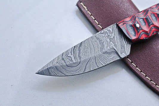 Custom Handmade Damascus Skinner Knife with Paka Wood Handle and Leather Sheath
