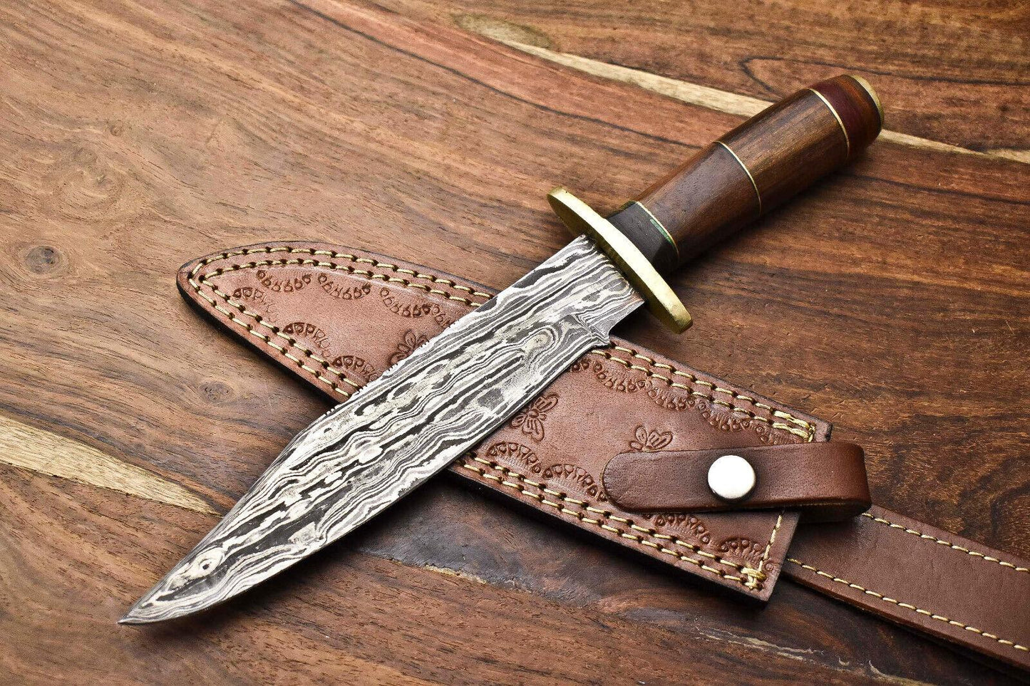 Heritage Forge Damascus Bowie Knife with Walnut Wood Handle for Hunting and Camping