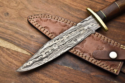 Heritage Forge Damascus Bowie Knife with Walnut Wood Handle for Hunting and Camping