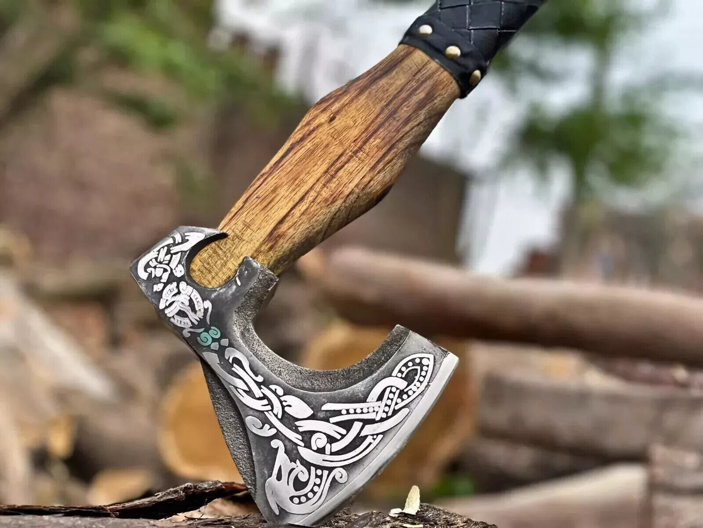 Custom Replica Viking Axe with Etched Carbon Steel Head and Wooden Handle for Camping and Bushcraft