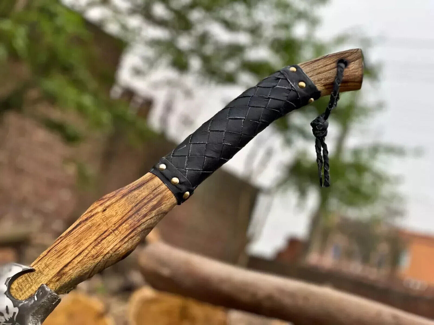 Custom Replica Viking Axe with Etched Carbon Steel Head and Wooden Handle for Camping and Bushcraft
