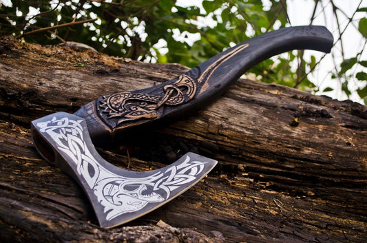 Custom Handmade Carbon Steel Viking Axe Tomahawk Throwing Hatchet with Engraved Ash Wood Handle and Sheath