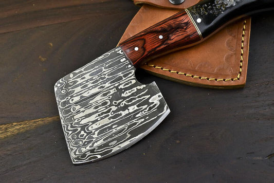 Handmade Forged Damascus Hunting Clever Chopper Axe Knife– 8.6 Inch