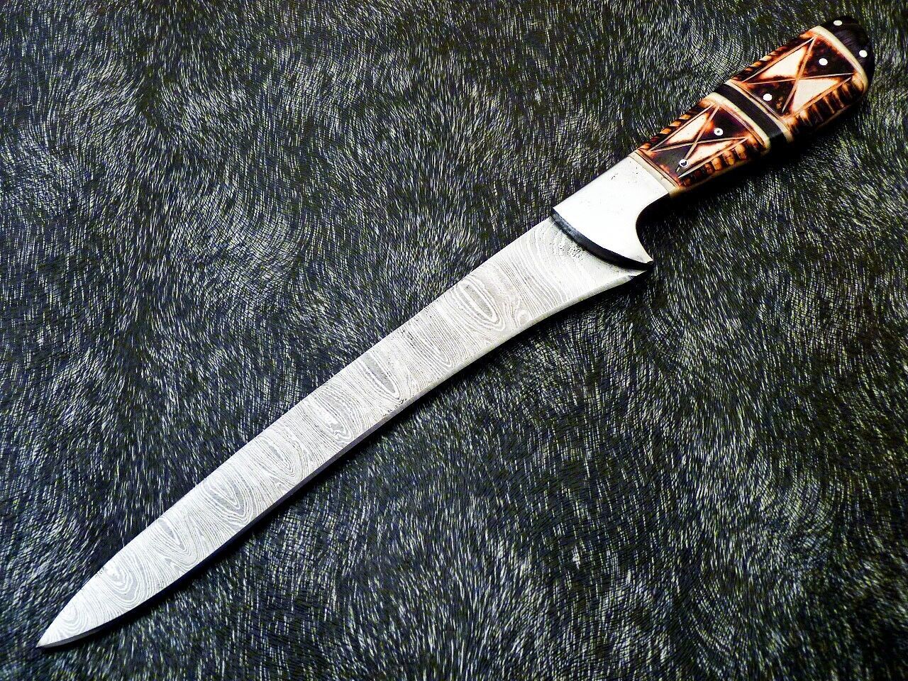 13" Handmade Damascus Chef Fillet Knife – Camel Bone Handle, Professional Kitchen & Hunting Knife