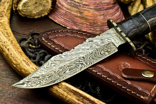 Custom Handmade Damascus Bowie Hunting Knife – Hard Wood Handle, 10.5"