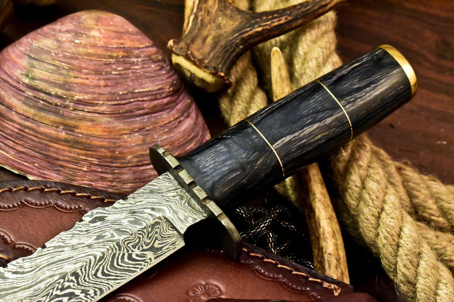 Custom Handmade Damascus Bowie Hunting Knife – Hard Wood Handle, 10.5"