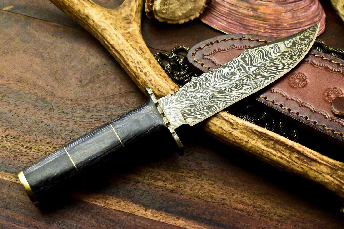 Custom Handmade Damascus Bowie Hunting Knife – Hard Wood Handle, 10.5"